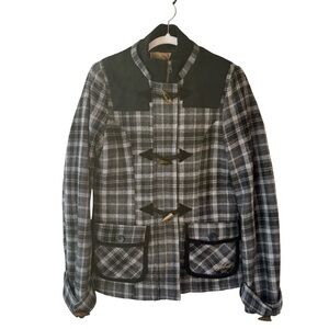 Billabong Black and Gray Plaid Wool Toggle Jacket Size M Fall Casual Winter